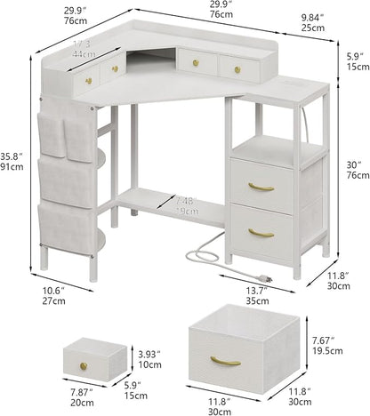 VENNQD Corner Desk with 6 Drawers Shelves for Small Space Computer Desk with Power Outlets,Gaming Desk with Printer Monitor Stand Storage for Home Office Workstation Writing Table (White, 31.5)