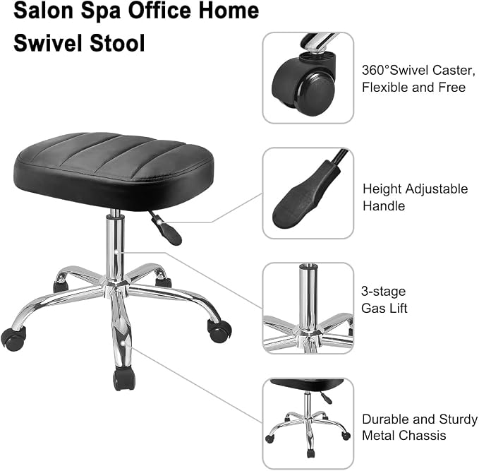 JOSTZHXIN Black Square Swivel Stool Height-Adjustable Rolling Chair, Rolling Stool for Work SPA Shop Massage, Office Tattoo Spa Shop Chair