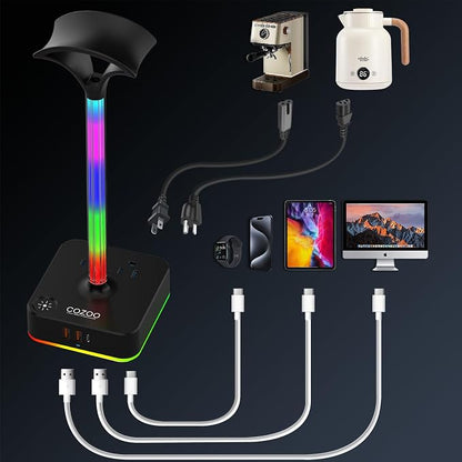 cozoo RGB Headphone Stand with Charger 3 USB Ports and 2 AC Outlets,2 USB-A 1 Type C,Desk Gaming Headset Holder with 9 Light Modes,PC Gaming Desk Accessories,Gamer Gifts,RGB Gaming Stuff Headset Stand