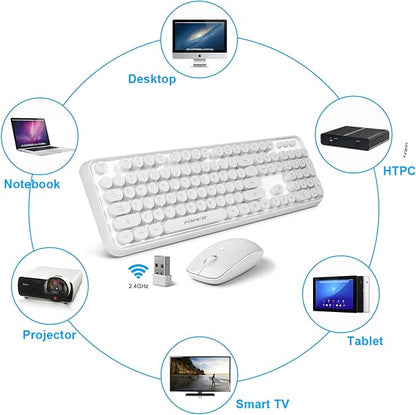 Wireless Keyboard and Mouse | Cute Colorful Keyboard and Mouse with 2.4GHz Cordless Retro Typewriter Keyboard | Auto-Sleep | USB Receiver for Windows PC/Laptop - White