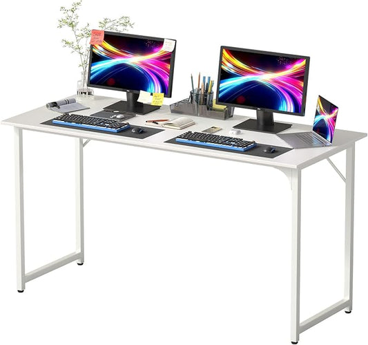PayLessHere | 55 Inch Computer Desk | White | Office Desk with Metal Frame, Adjustable Feet | Water-Resistant, Scratchproof Surface | Sturdy Writing Table for Home Office or Study | Pack of 1