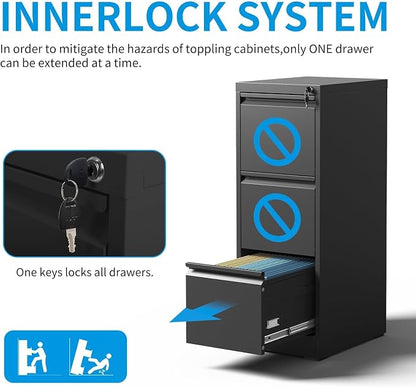 3 Drawer File Cabinet with Lock, Vertical Metal Filing Cabinet for Home Office, Locking File Cabinets for Legal/Letter Size Hanging File Folders (Black)