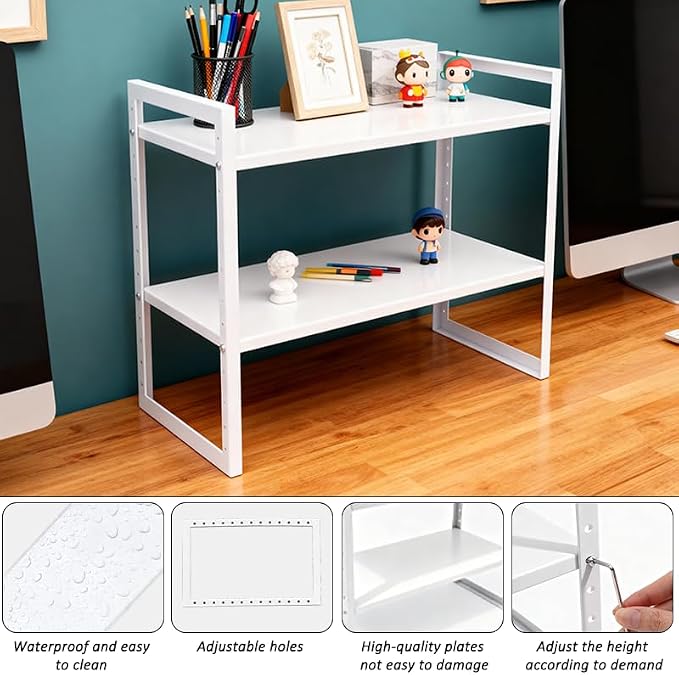 2 Tier Metal Desk Shelf Organizer, Height Adjustable Countertop Shelf for Study Room, Home Office, Multipurpose Storage for Books, Files, Stationery and Desk Essentials