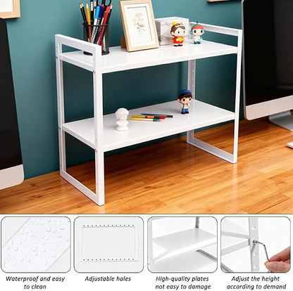 2 Tier Metal Desk Shelf Organizer, Height Adjustable Countertop Shelf for Study Room, Home Office, Multipurpose Storage for Books, Files, Stationery and Desk Essentials
