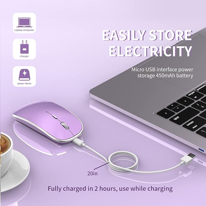 Halpilt Wireless Mouse Chargeable Portable Silent USB and Type-C Dual Mode Wireless Mouse 3 Adjustable DPI for Laptop, Mac, Android, PC (Q23S Purple)