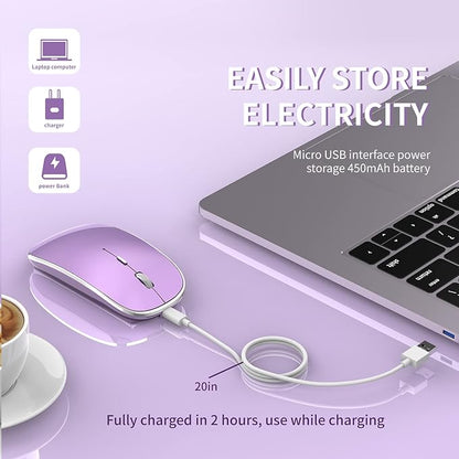 Halpilt Wireless Mouse Chargeable Portable Silent USB and Type-C Dual Mode Wireless Mouse 3 Adjustable DPI for Laptop, Mac, Android, PC (Q23S Purple)