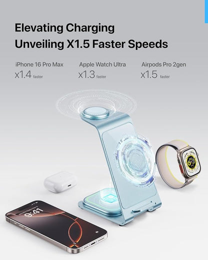 Intoval Aluminum 3 in 1 Wireless Charging Station for iPhone 17 16 15 14 13 12 11 Pro Max XR, Wireless Charger for Apple Watch 11 10 9 8 7 Ultra SE 3 2, Phone Charger for AirPods 4 Pro 2 3 (Blue)