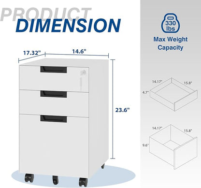 Fesbos 3 Drawer Vertical File Cabinets, Mobile Filling Cabinet with Lock for Legal/Letter Size, Pre-Built Office Storage File Cabinet with Wheels Under Desk - Fully Assembled