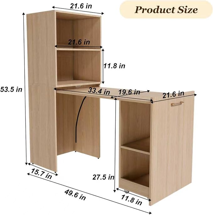 Fold Out Desk with Storage Shelves & Mobile Wheels, Convertible Pull-Out Murphy Desk for Small Spaces | Hidden Writing Computer Desks for Home Office, Apartment & Bedroom(Natural Wood)