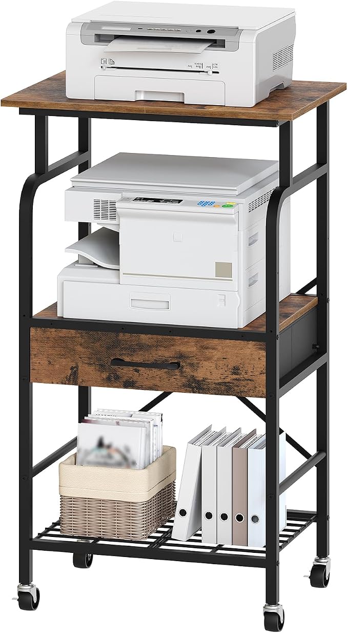 MAHANCRIS Tall Printer Stand, 3 Tier Printer Cart with Storage, Industrial Printer Table on Wheels, Adjustable Shelf & Fabric Drawer, for Home Office Study Rustic Brown PTHR5401