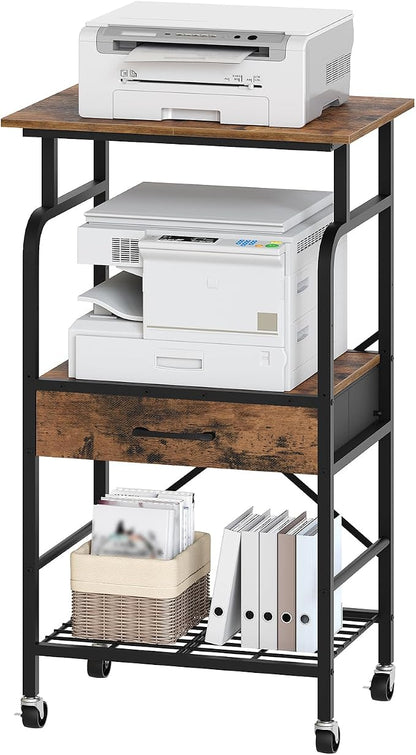 MAHANCRIS Tall Printer Stand, 3 Tier Printer Cart with Storage, Industrial Printer Table on Wheels, Adjustable Shelf & Fabric Drawer, for Home Office Study Rustic Brown PTHR5401