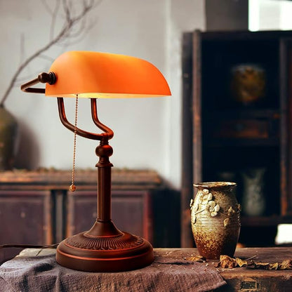 Matted Orange Glass Bankers Desk Lamp with Pull Chain Switch Plug in Fixture | Pull Chain Switch Plug in Fixture