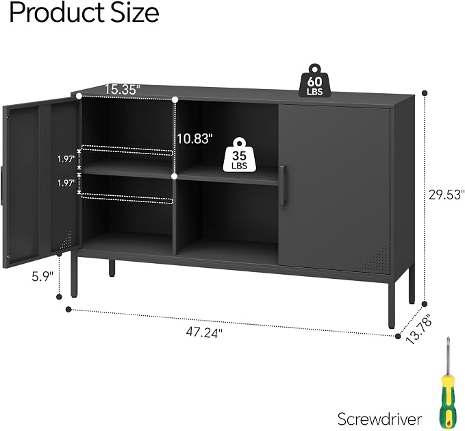 Steehoom Metal TV Cabinet with Doors and Shelves, Modern Metal Storage Cabinet, Coffee Bar TV Stand for Office, Living Room, Kitchen, Diningroom (Black, 47.24" D x 13.78" W x 29.53" H)