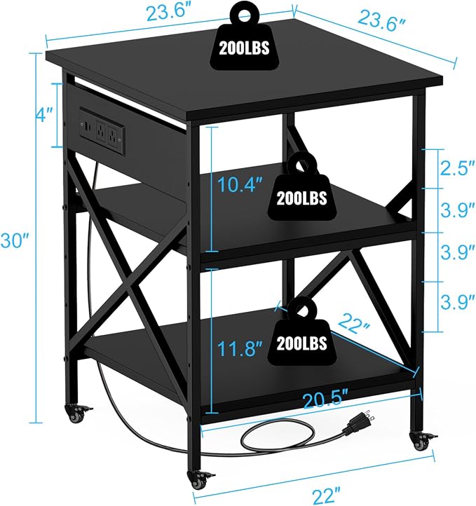 Black 3 Tier Mobile Printer Stand Large Rolling Storage Cart | Built in power outlet ample storage space locking casters overall size 23.6 x 23.6 x 30 inches for home office organization