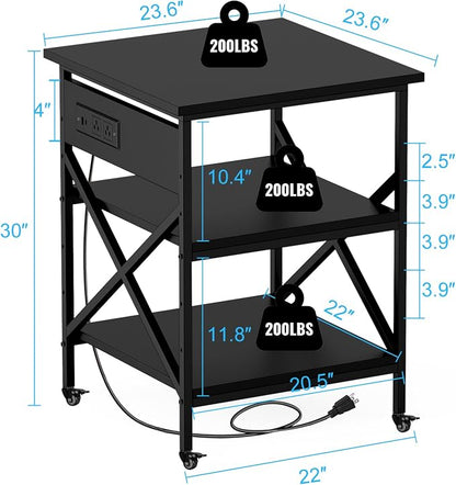 Black 3 Tier Mobile Printer Stand Large Rolling Storage Cart | Built in power outlet ample storage space locking casters overall size 23.6 x 23.6 x 30 inches for home office organization