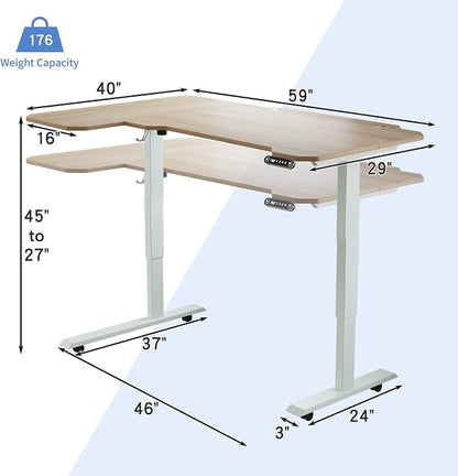 L-Shaped 59" Height Adjustable Electric Standing Desk,Height Stand Up Computer Desk,Sit and Stand Home Office Desk with Splice Board (Oak Top, White Frame)
