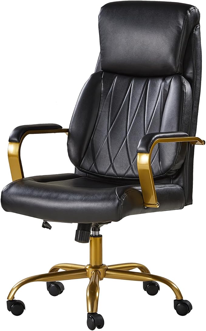 HULALA HOME Executive Office Chair with Adjustable Lumbar Support, Leather Ergonomic Office Chair with Padded Armrests, Tilt and High Back, White and Gold, Black