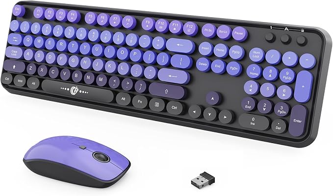 Wireless Keyboard and Mouse Combo, 2.4GHz Retro Typewriter Keyboard with Round Keycaps, Full-Size Creamy Silent Office Set for Desktop Laptop PC Computer (102 Keys Purple Black)