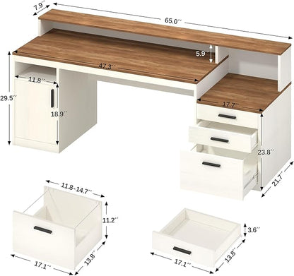 YOMILUVE 65 Inch Computer Desk with 3 Drawers & Storage Shelves, Executive Desk with File Drawer & Cabinet, Home Office Desk with Long Monitor Stand & Printer Shelf, Antique White