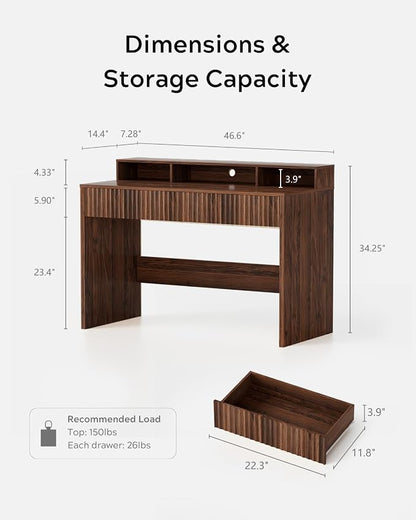 EYYTHUNG Fluted Executive Desk with Storage Shelf, 47" Modern Wood Home Office Desk with Long Monitor Stand & 2 Drawers, Writing Study Computer Table Vanity Desks, Brown