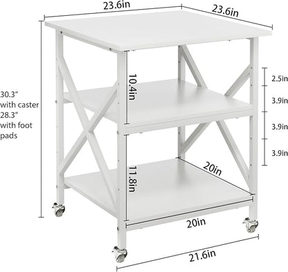 3 Tier Printer Stand, Large Table with Wheels, Rolling Cart with Height Adjustable Middle Storage Shelf, 23.6 x 23.6 x 30.3 Inches Shelf for Home Office, White