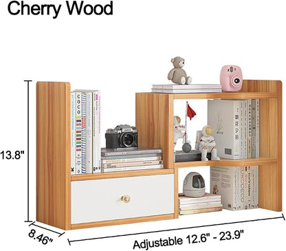 WWEENUO Expandable Desktop Bookshelf, Freestyle Adjustable Display Desk Shelf Counter Storage Rack Top Bookcase for Office & Home (Cherry Wood)