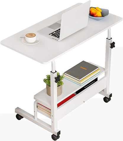 Adjustable Height Mobile Computer Desk for Small Space Rolling Writing with Wheels Corner Home Office Study Portable Bedrooms Work Size 31.5x15.7 Inch Storage Gaming Table, White A