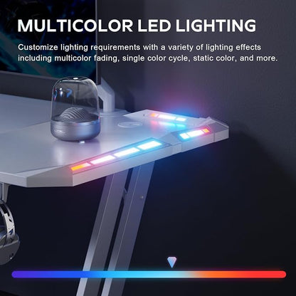 HLDIRECT 47 Inch Gaming Desk with LED Lights Carbon Fibre Surface Gaming Table Large Computer Desk Ergonomic Home Office Desks Z Shaped PC Gamer Workstations with Cup Holder & Headphone Hook White