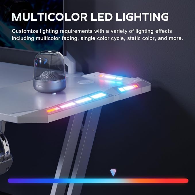 HLDIRECT 63 Inch Gaming Desk with LED Lights Carbon Fibre Surface Gaming Table Large Computer Desk Ergonomic Home Office Desks Z Shaped PC Gamer Workstations with Cup Holder & Headphone Hook White