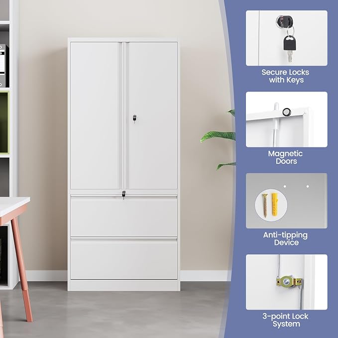 2 Drawer Lateral File Cabinet, Office Storage Cabinet with 2 Wide&Deep Drawers and Locking Doors, White Metal Cabinet with Adjustable Shelves for Home Office, Fits A4/Letter/Legal Size Folders