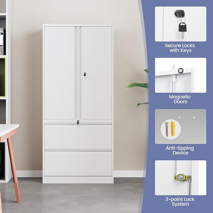 2 Drawer Lateral File Cabinet, Office Storage Cabinet with 2 Wide&Deep Drawers and Locking Doors, White Metal Cabinet with Adjustable Shelves for Home Office, Fits A4/Letter/Legal Size Folders