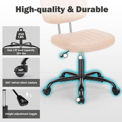 DUMOS Armless Home Office Chair: Small Desk Chair with Low Back Lumbar Support, Height Adjustable PU Leather Computer Task with 360° Swivel Wheels, for Adults, Brown