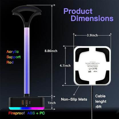 cozoo RGB Headphone Stand with Charger 3 USB Ports and 2 AC Outlets,2 USB-A 1 Type C,Desk Gaming Headset Holder with 9 Light Modes,PC Gaming Desk Accessories,Gamer Gifts,RGB Gaming Stuff Headset Stand