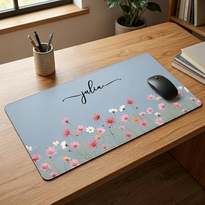 Personalized Birth Flower & Name Desk Mat - Floral Mouse Pad for Her, Coworker, Friend, Teacher, Large Desk Mat, Slip PU Leather Blotter, Leather Desk Protector, Office Appreciation Gifts