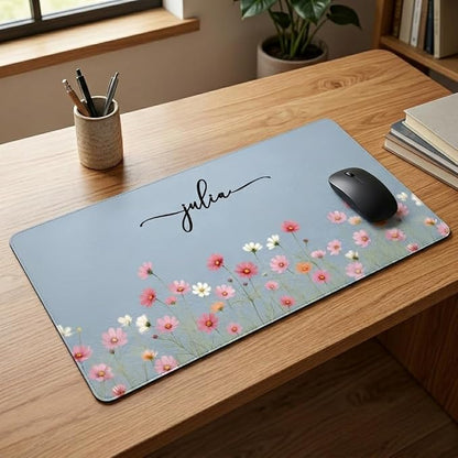 Personalized Birth Flower & Name Desk Mat - Floral Mouse Pad for Her, Coworker, Friend, Teacher, Large Desk Mat, Slip PU Leather Blotter, Leather Desk Protector, Office Appreciation Gifts