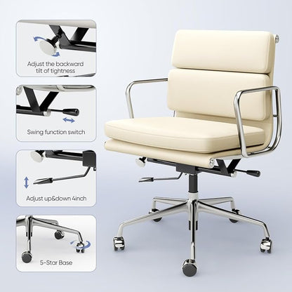 Mid-Back Executive Genuine Leather Office Chair, with Aluminum Arms and 5-Star Base, Modern Rolling Desk Chair with Silent Wheels, Lumbar Support, High-Adjustable, Tilting for Home & Office