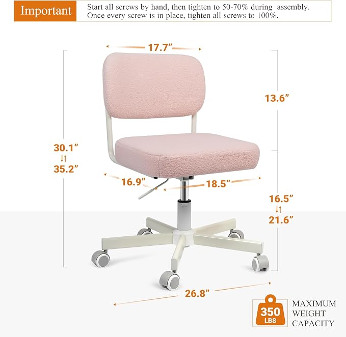 Vanity Chair with Wheels, Cute Armless Desk Chair with Back, Height Adjustable Swivel Small Office Chair, Comfy Velvet Computer Task Chair for Bedroom, Study, Dressing Room Pink