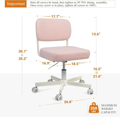 Vanity Chair with Wheels, Cute Armless Desk Chair with Back, Height Adjustable Swivel Small Office Chair, Comfy Velvet Computer Task Chair for Bedroom, Study, Dressing Room Pink
