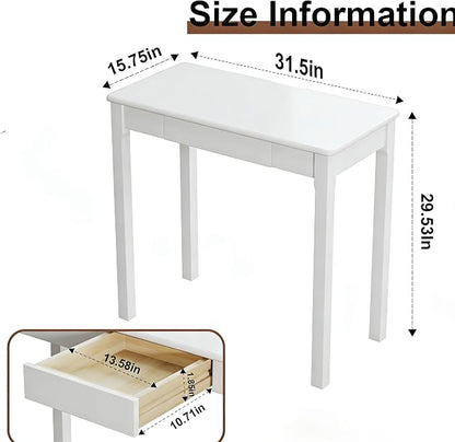 Solid Wood Desk with Drawers - 32 x 16 Inch Simple Narrow Desks, Rubber Wood Study Table, Small Writing Desk for Bedroom|Small Spaces - Modern White Desks