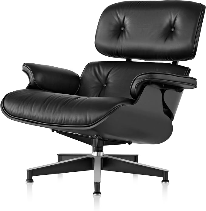 Mid Century Chaise Lounge Chair with Ottoman Genuine Leather High-Resilience Foam Cushions Modern Ergonomic Design for Living Room Study Lounge Office Black Ash Wood and Black Lather