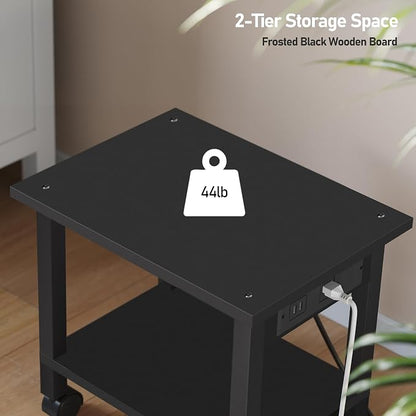 TUTOTAK 2 Tier Printer Stand, Rolling Printer Cart with Power Outlets and USB Ports, Mobile Printer Table with Wheels, for Under Desk, Office, Home, Black PS01BK001