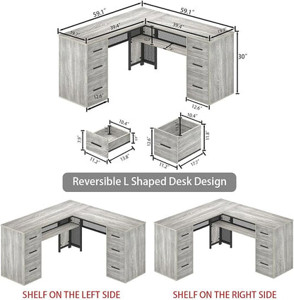 HSH Large L Shaped Desk with Storage File Cabinet，Corner L-Shaped Computer Desk with Drawers Shelves, Home Office Bedroom Metal Wood Study Writing Table Executive Workstation, Light Grey Oak, 59 Inch