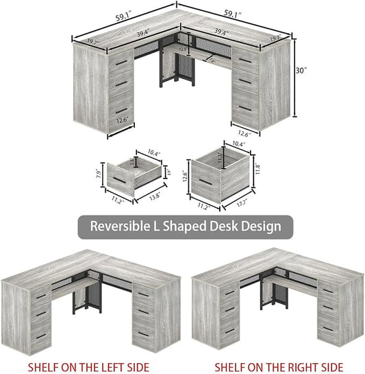 HSH Large L Shaped Desk with Storage File Cabinet，Corner L-Shaped Computer Desk with Drawers Shelves, Home Office Bedroom Metal Wood Study Writing Table Executive Workstation, Light Grey Oak, 59 Inch