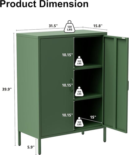 Washsemba Metal Storage Cabinet with Doors and Shelves,Multipurpose Storage Rack, 3-Tier Shelf,Metal Locker Style Accent Cabinet for Home Office,Living Room,Kitchen (Forest Green, 40''H)
