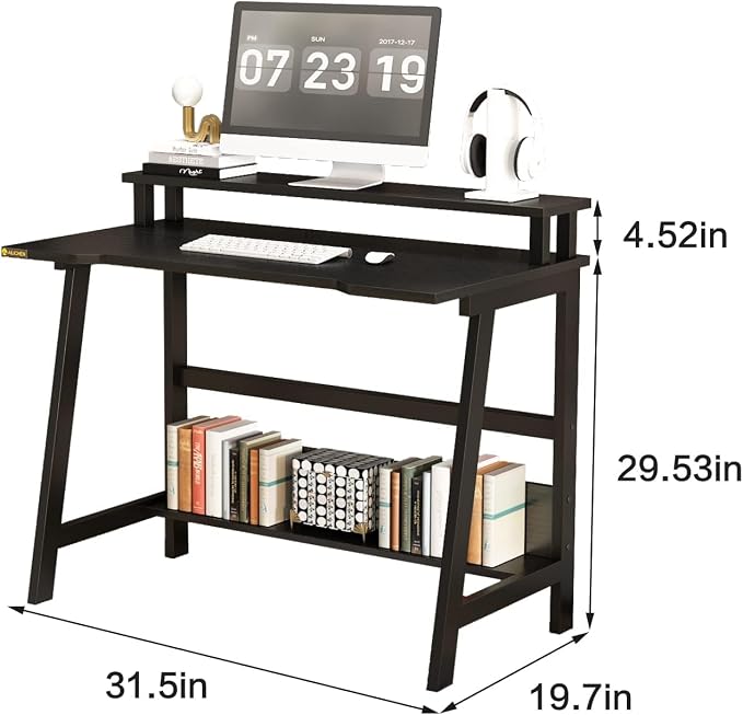 31.5 Inch Small Desk, Small Computer Desk for Small Spaces, Modern Writing Table with Monitor Storage Shelf, Compact Laptop Desk for Home Office and Study, Black