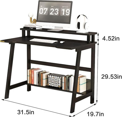 31.5 Inch Small Desk, Small Computer Desk for Small Spaces, Modern Writing Table with Monitor Storage Shelf, Compact Laptop Desk for Home Office and Study, Black