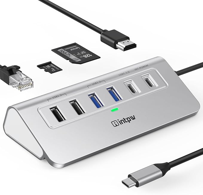 intpw 10-in-1 USB C Hub, P9R Powered USB Hub with 4K HDMI, 3 USB 3.0 5Gbps, PD 100W, 1Gbps Ethernet, SD/TF, Aluminum USB Hub for Laptop, MacBook Pro/Air, iPad Pro, iPhone 17, Dell, HP