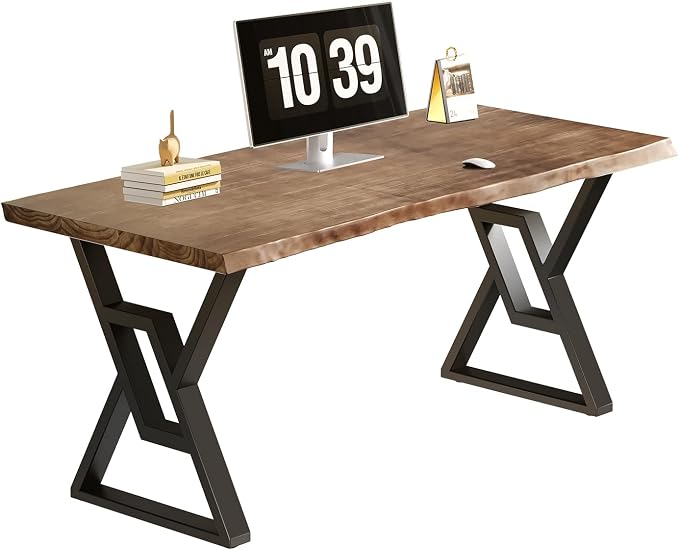 55 Inch Real Wood Desk for Home Office, Solid Pine Writing Desk with Natural Live Edge, Rustic Computer Desk with Industrial Metal Legs, Large Workstation Table for Study, Gaming and Dining