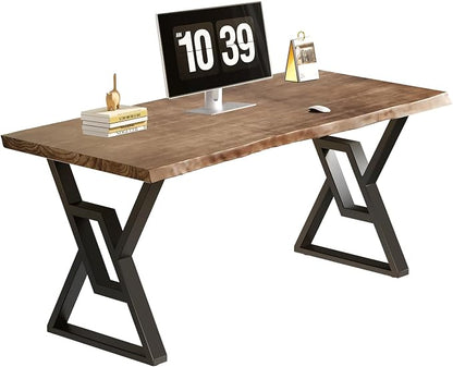 55 Inch Real Wood Desk for Home Office, Solid Pine Writing Desk with Natural Live Edge, Rustic Computer Desk with Industrial Metal Legs, Large Workstation Table for Study, Gaming and Dining