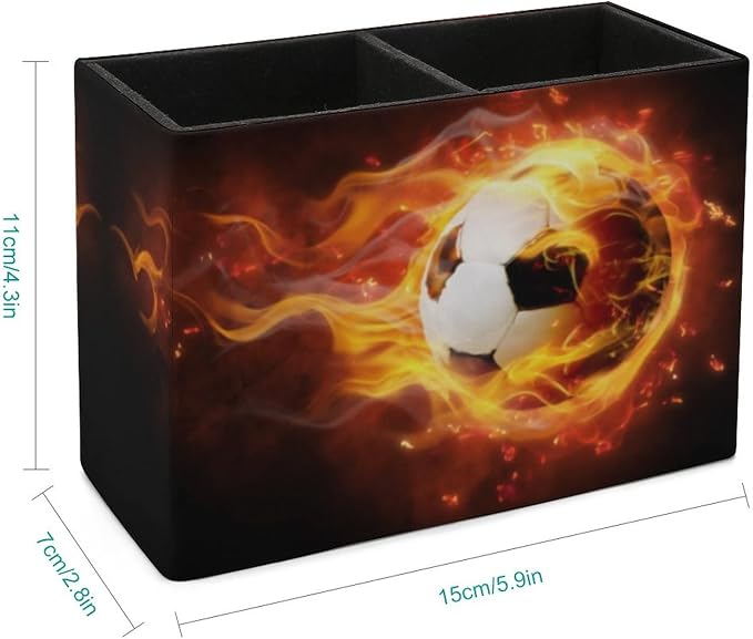 Niapessel Pencil Holder for Desk, Burning Soccer Ball Pen Holder Storage Desktop Pen Organizer Desk Pencil Organizer Makeup Brush Holder for Office School College Leather